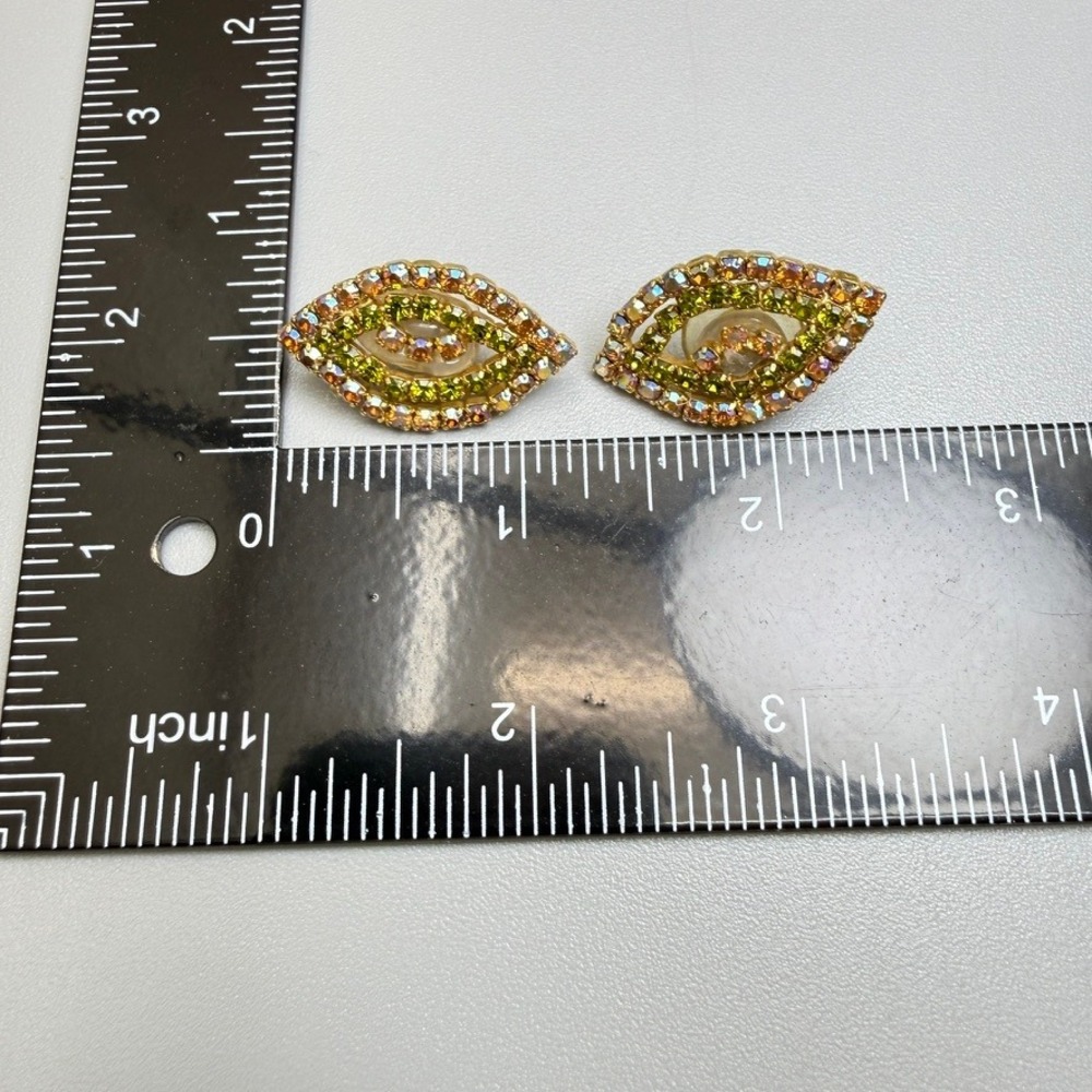 Large Vintage AB Rhinestone Flower Brooch Earrings Set 3" Pink Green MCM Chic - Picture 15 of 16